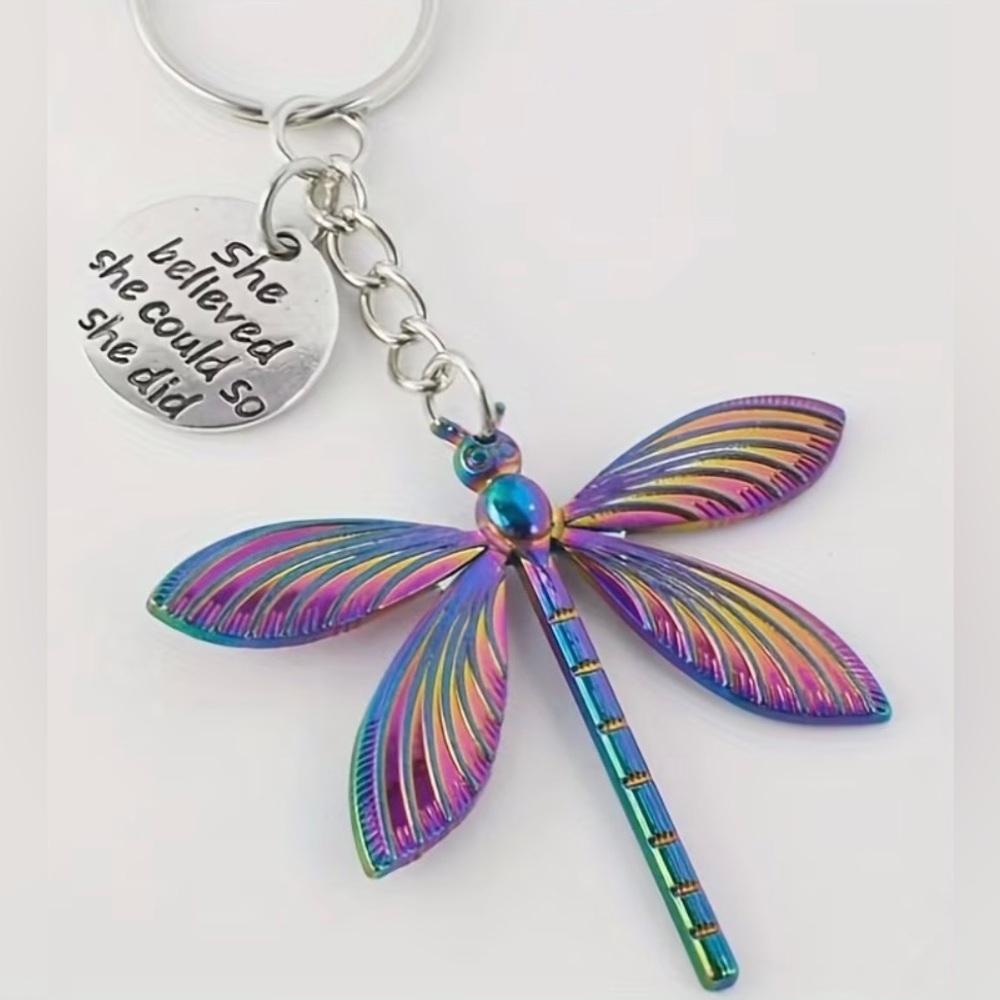 Iridescent Rainbow Dragonfly Keychain - Inspirational Charm